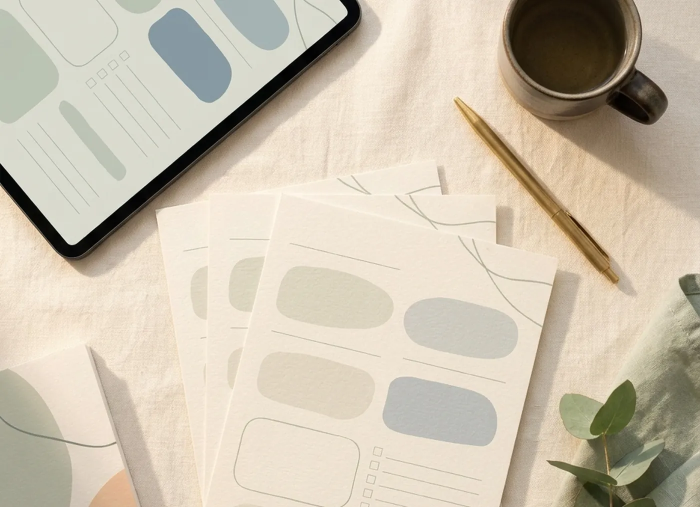 Flat-lay of printed planner sheets on cream linen with a pen, tea and eucalyptus