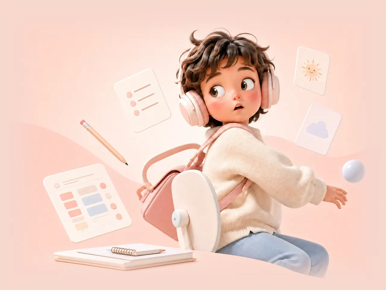 A soft 3D illustration of a distracted child wearing headphones with floating routine cards