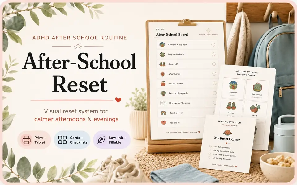 ADHD After-School Reset: after-school board on a clipboard beside landing-at-home routine cards and a reset corner sign