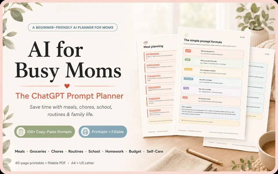 AI for Busy Moms ChatGPT prompt planner cover with prompt pages