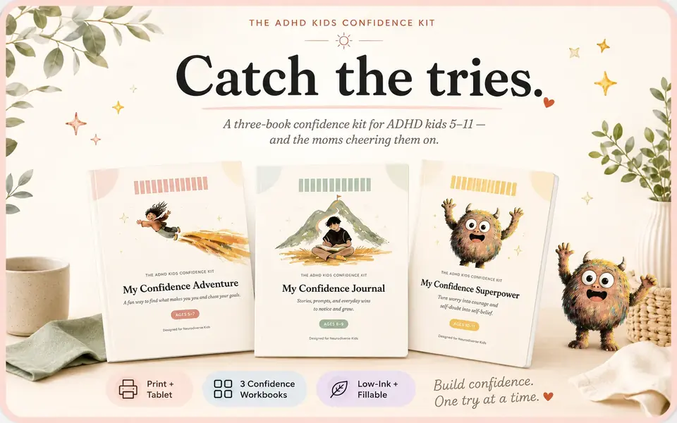 Catch the tries: the ADHD Kids Confidence Kit, three illustrated confidence books for ages 5 to 11 with a friendly painted monster