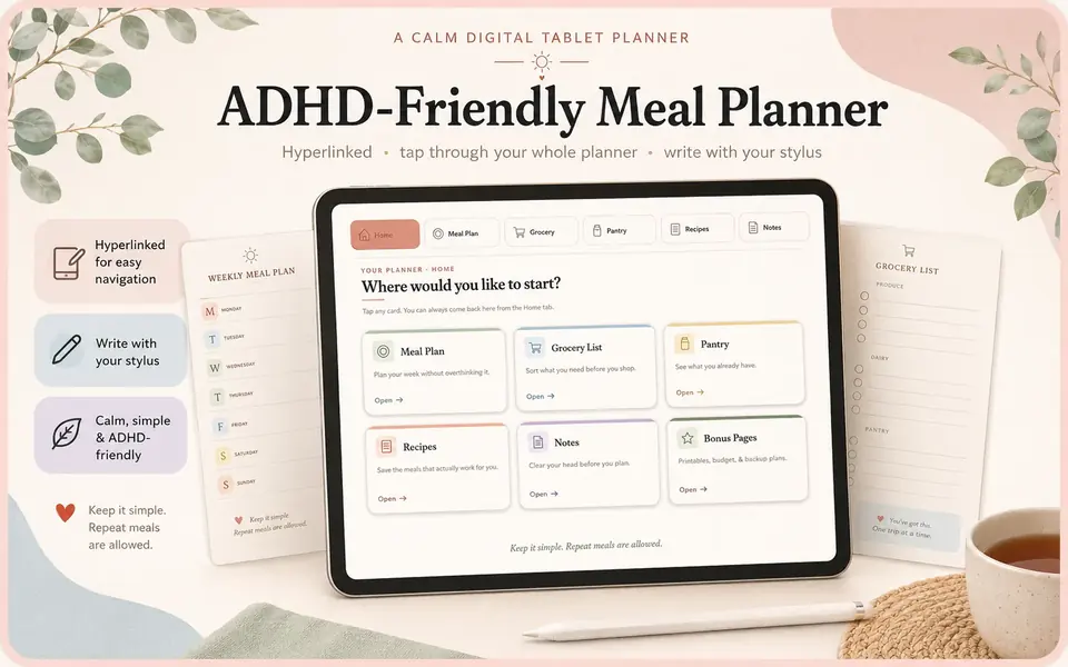 ADHD-Friendly digital tablet meal planner home screen with hyperlinked tabs