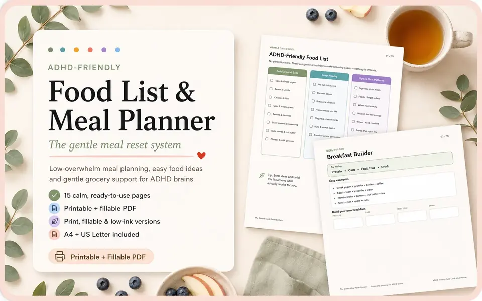 ADHD-Friendly Food List and Meal Planner cover with its real planner pages