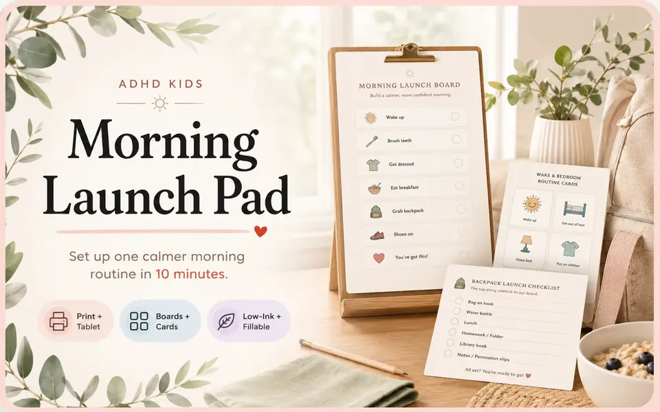 ADHD Kids Morning Launch Pad cover with routine boards and cut-out cards