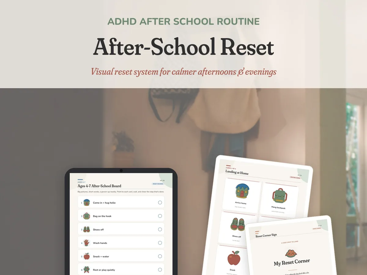 ADHD After-School Reset cover: a tablet showing the ages 4 to 7 after-school board beside printed routine cards