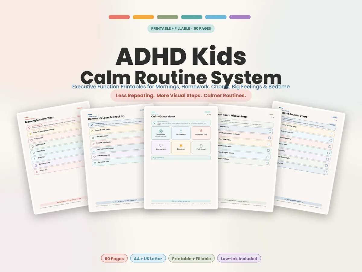 ADHD Kids Calm Routine System cover with visual routine and feelings charts