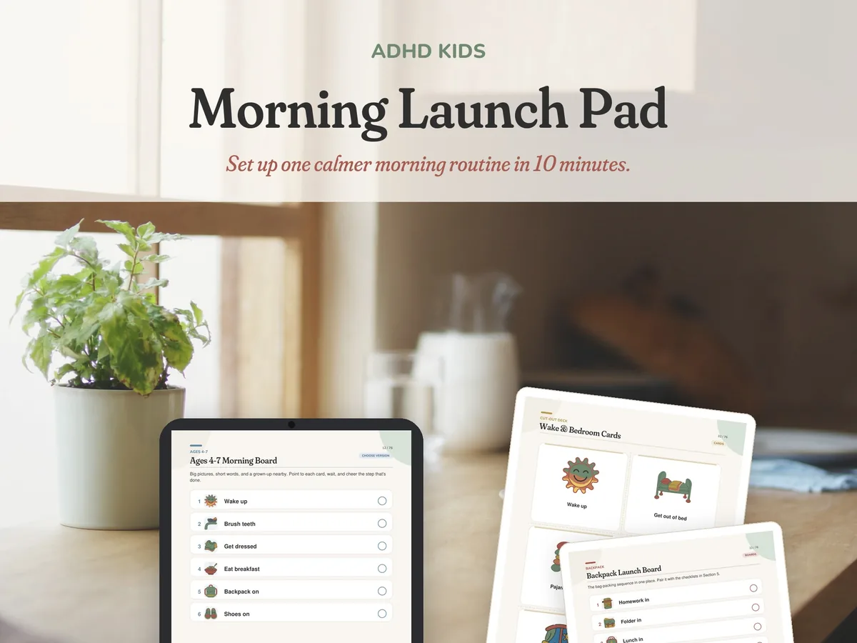 ADHD Kids Morning Launch Pad cover with routine boards and cut-out cards